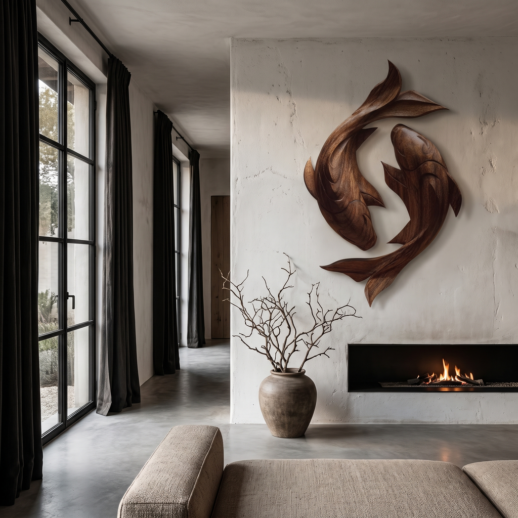Contemporary Wood Wall Sculpture With Carved Koi Fish Design For Living Room And Office