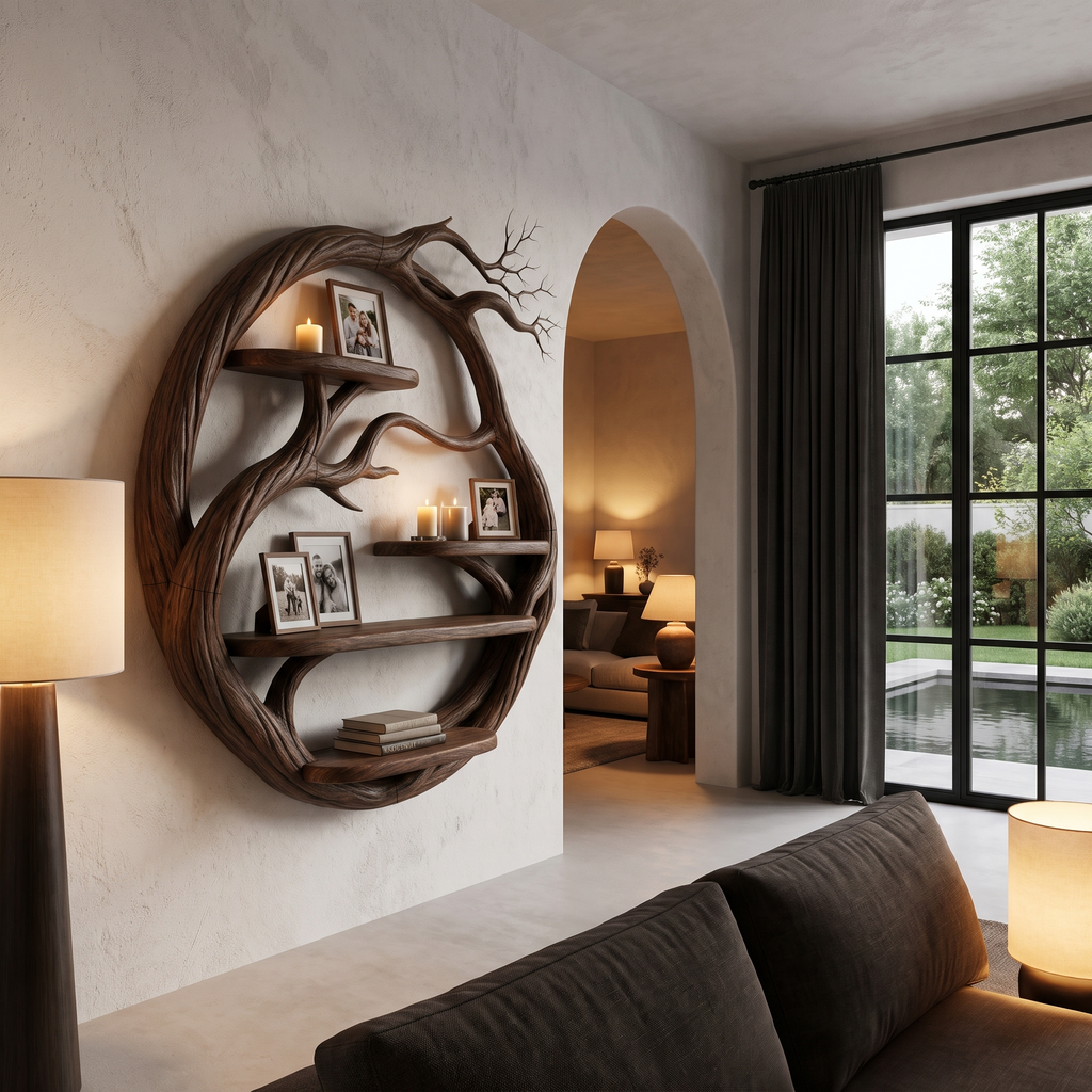 Organic Floating Shelf With Circular Tree Branch Design For Living Room And Home Office