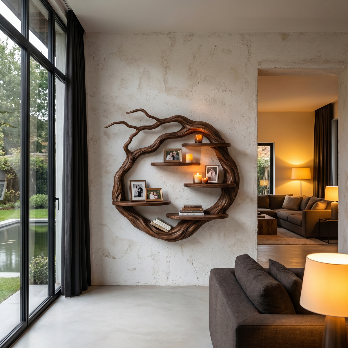 Natural Wall Mounted Shelf With Sculptural Tree Ring Design For Living Room And Reading NookSINLHAFL056
