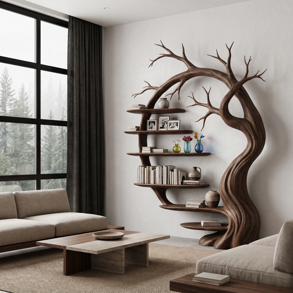 Rustic Tree Bookshelf With Sculptural Tree Branch Design For Living Room And Home Office