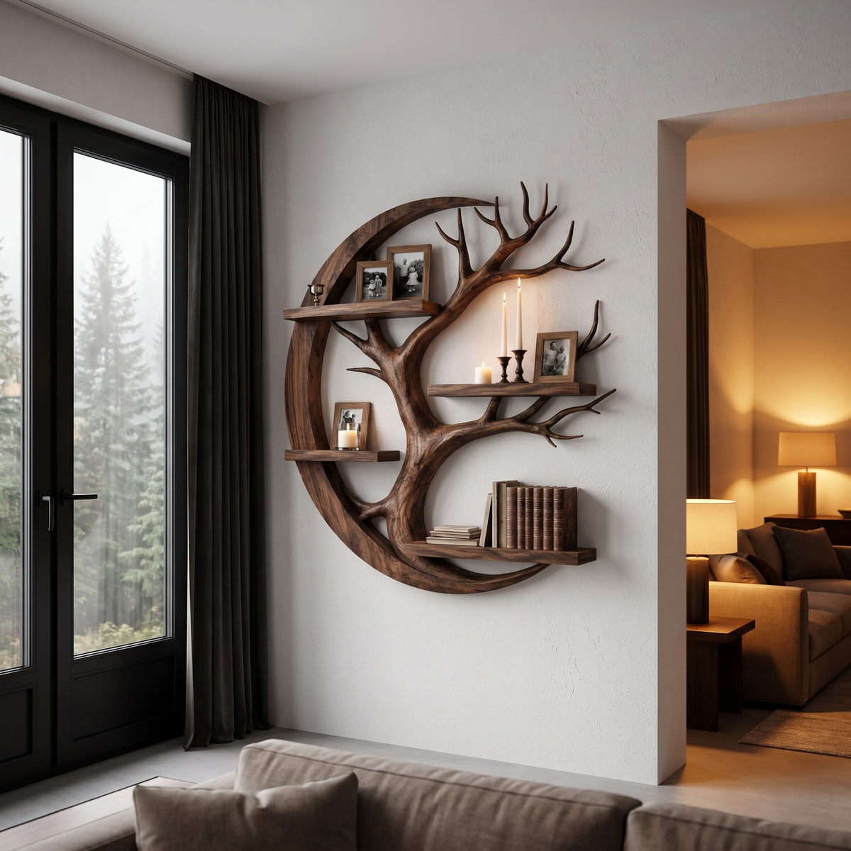Rustic Floating Shelf With Tree Branch Wall Display For Living Room And Entryway