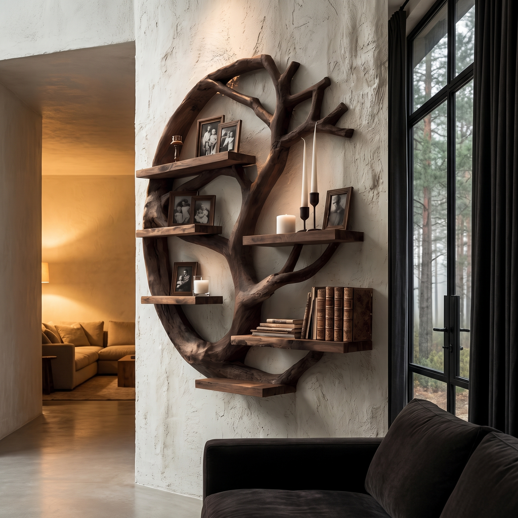 Modern Wall Mounted Shelf With Circular Tree Silhouette For Living Room And Bedroom