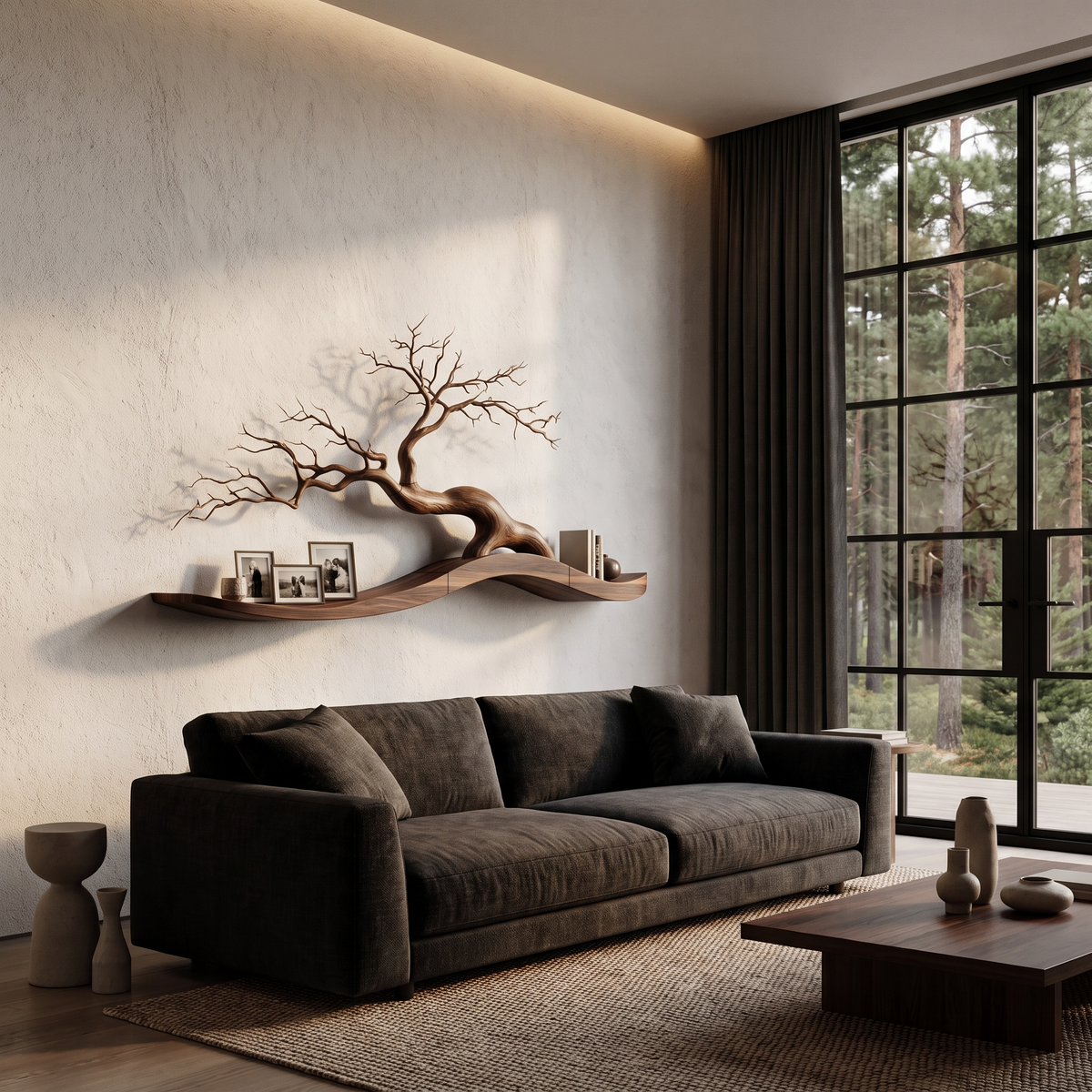 Organic Wall Mounted Shelf With Sculptural Tree Branch Design For Living Room And Bedroom