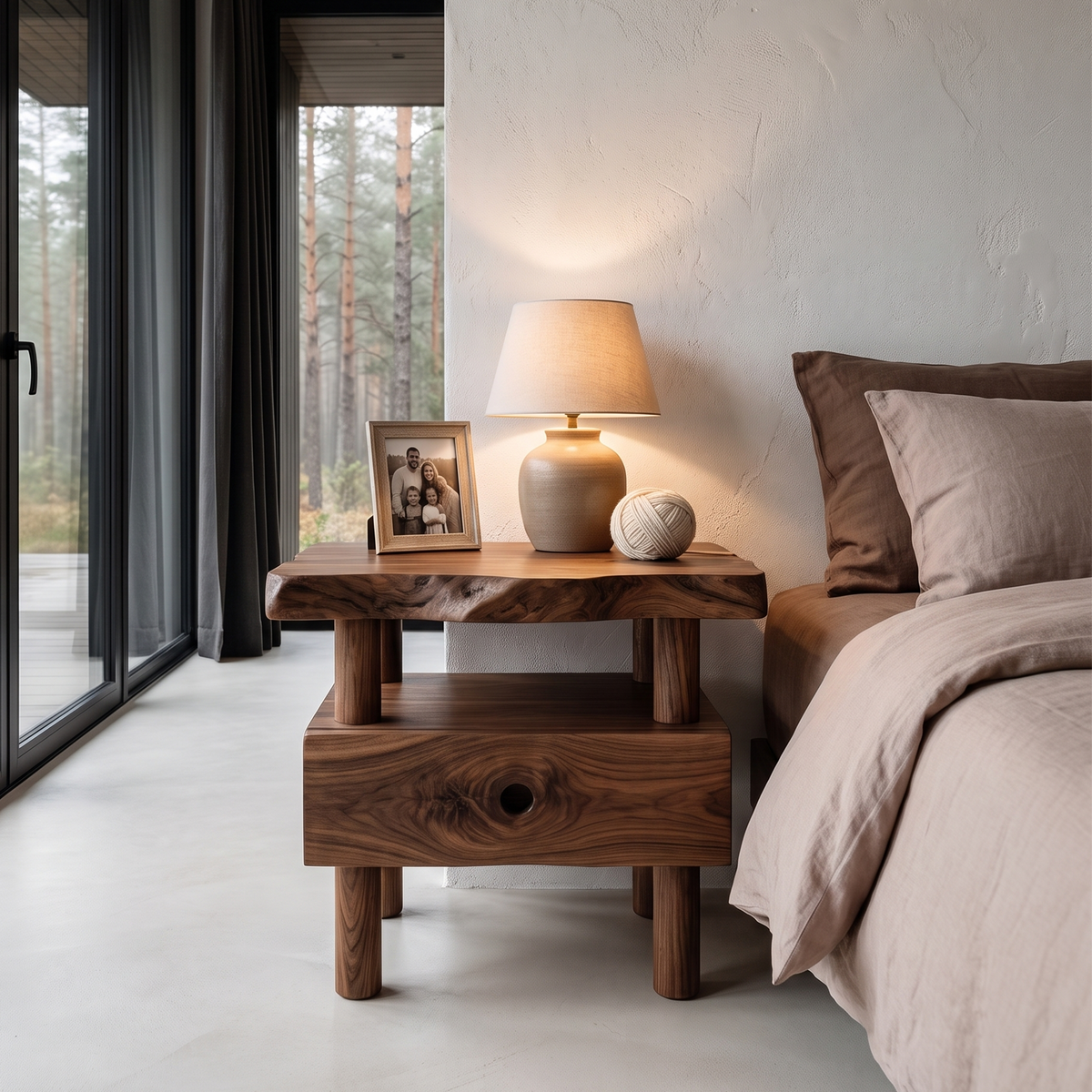 Organic Solid Wood Bedside Table With Open Shelf And Drawer