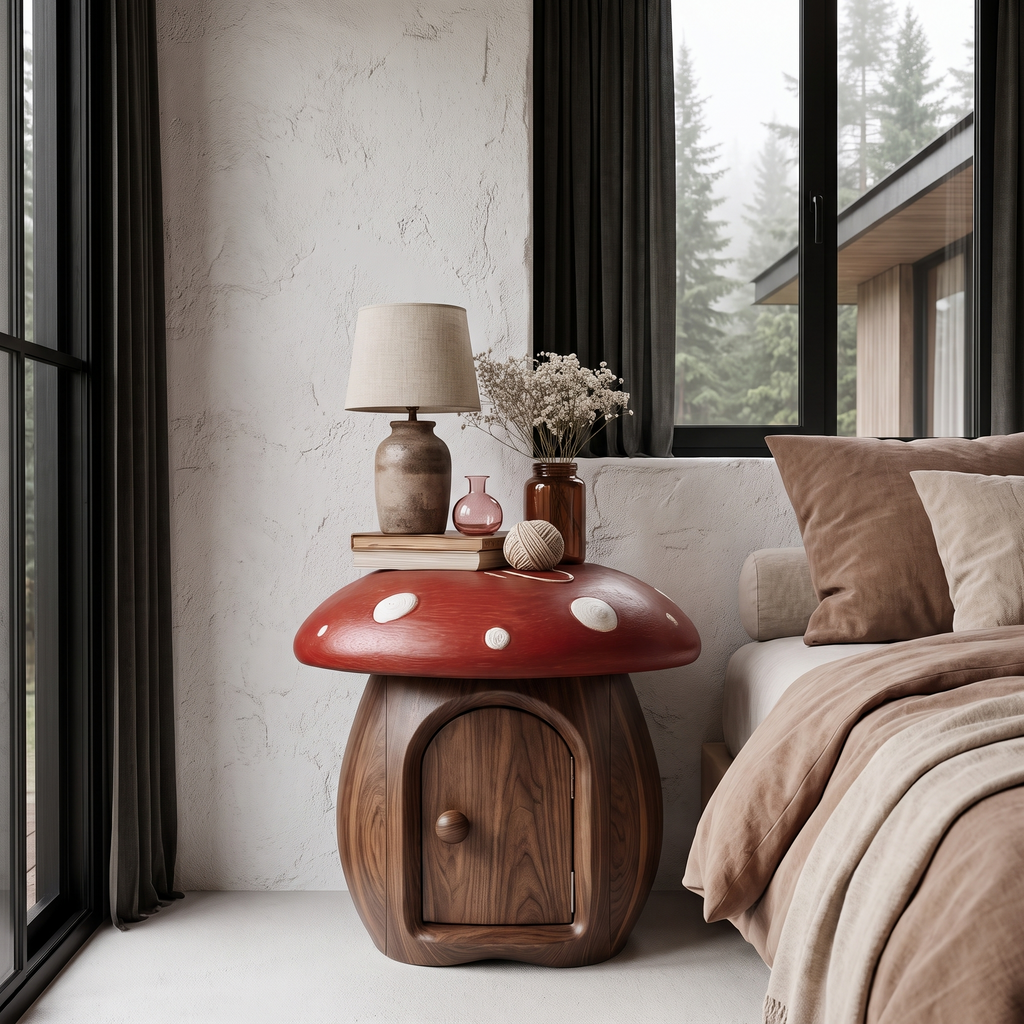 Whimsical Mushroom Bedside Table With Solid Wood Storage For Bedroom