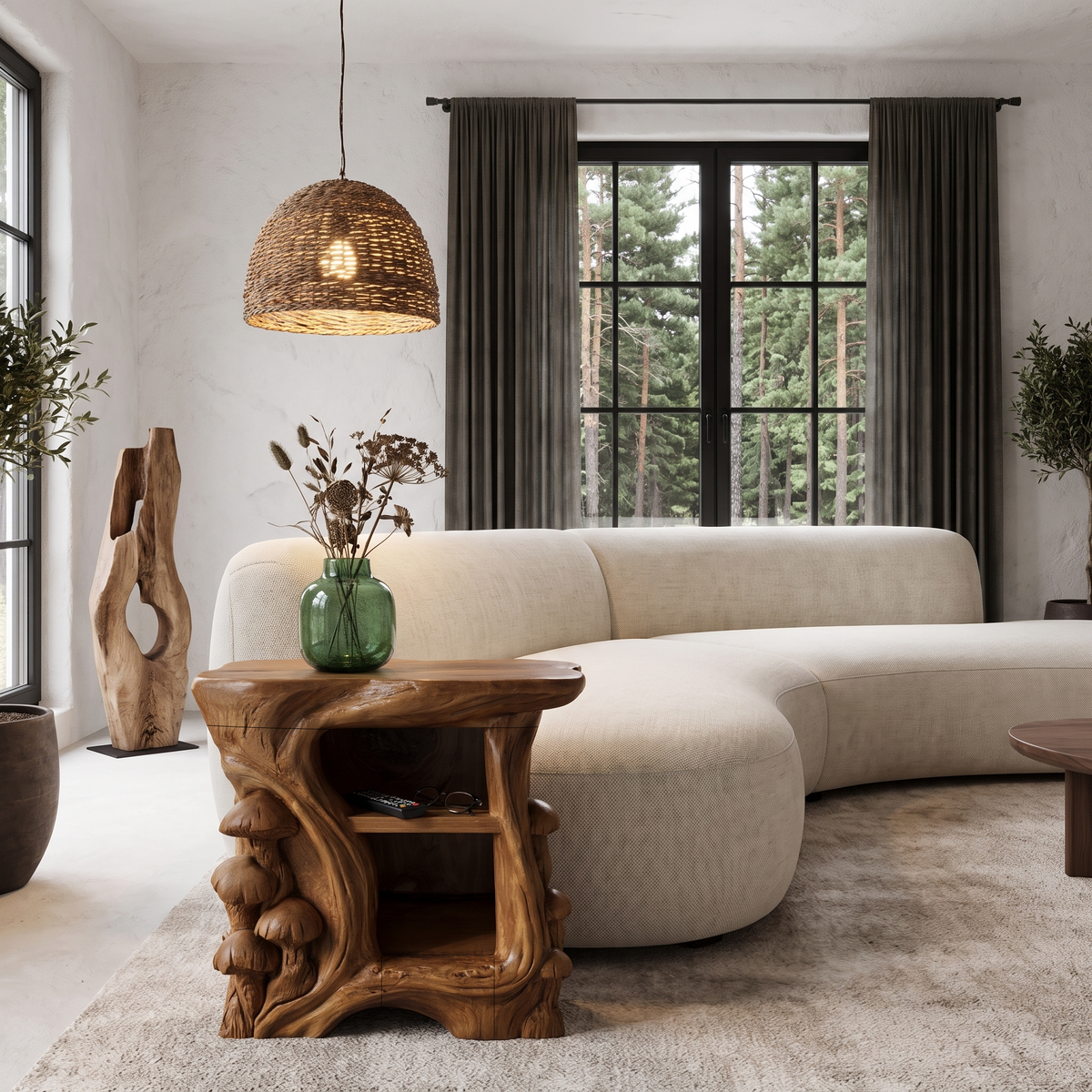 Organic Solid Wood Bedside Table With Sculptural Tree Branch Base