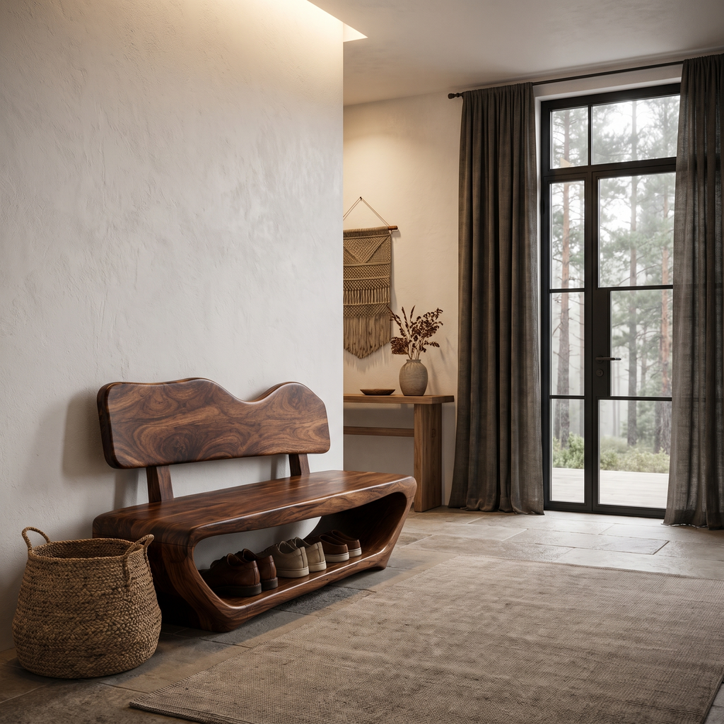 Rustic Sculptural Shoe Bench Organic Live Edge Design For Entryway Hallway
