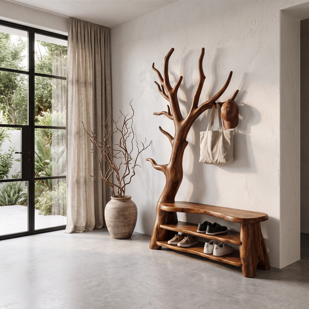 Sculptural Tree Shoe Bench Coat Rack Storage For Entryway Hallway