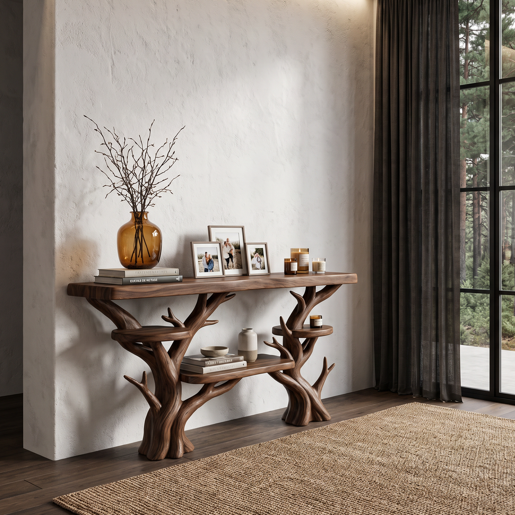 Rustic Sculptural Console Table For Entryway And Living Room