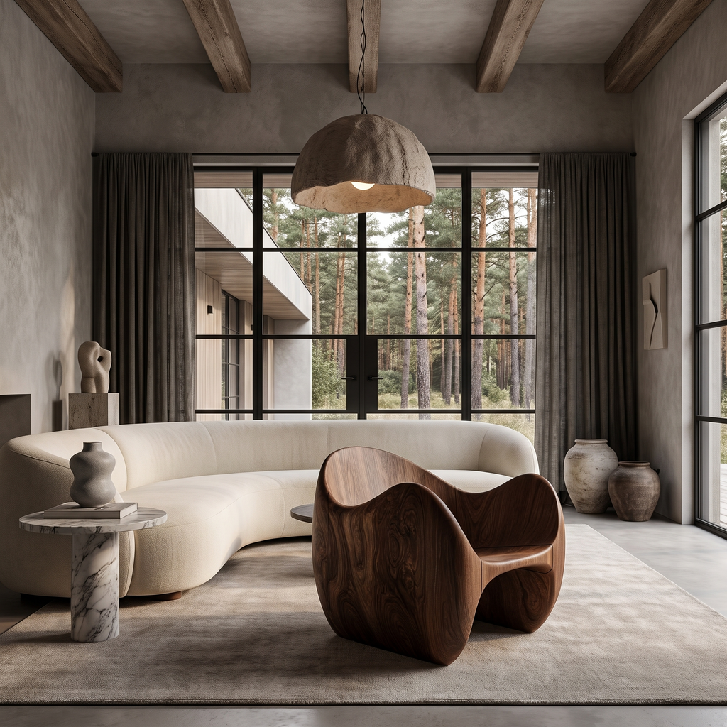 Modern Wooden Accent Chair With Sculptural Curved Frame For Living Room