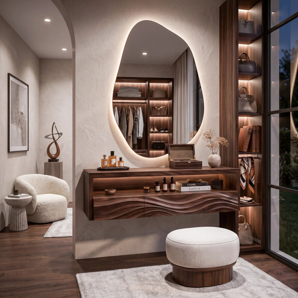 Sculptural Wall Mounted Makeup Vanity Wave Carved Drawers For Bedroom