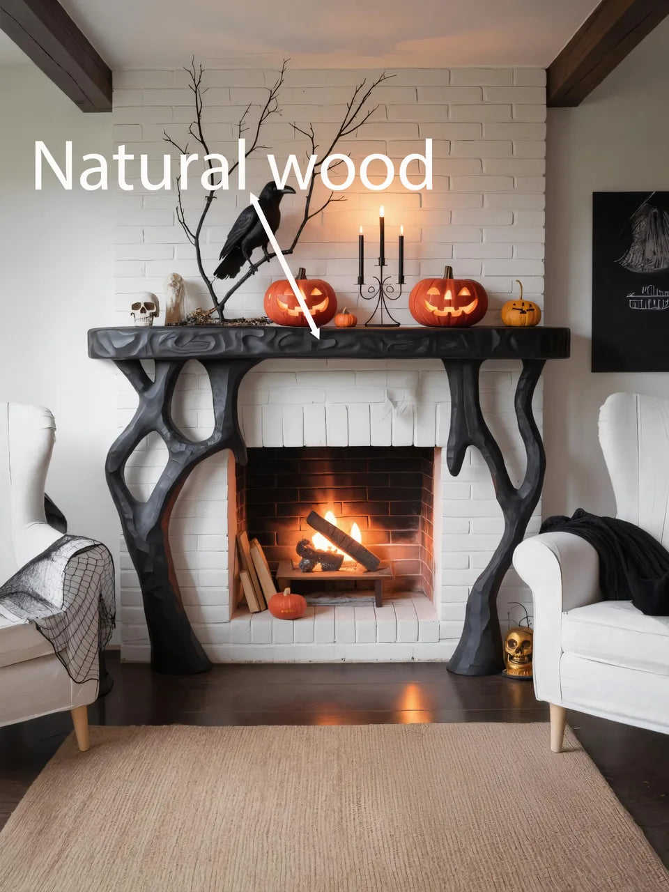 Wooden Halloween Fireplace Mantel With Branch Leg For Festive Decoration