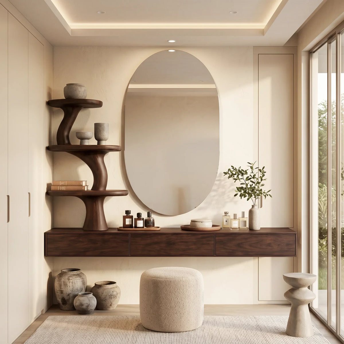 Organic Floating Makeup Vanity With Tree Form Shelve For Bedroom