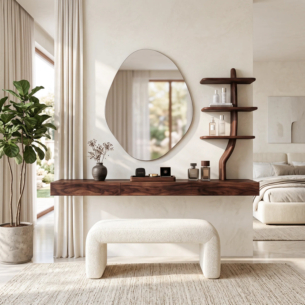 Wall Mounted Makeup Vanity With Tree Form Shelving For Bedroom