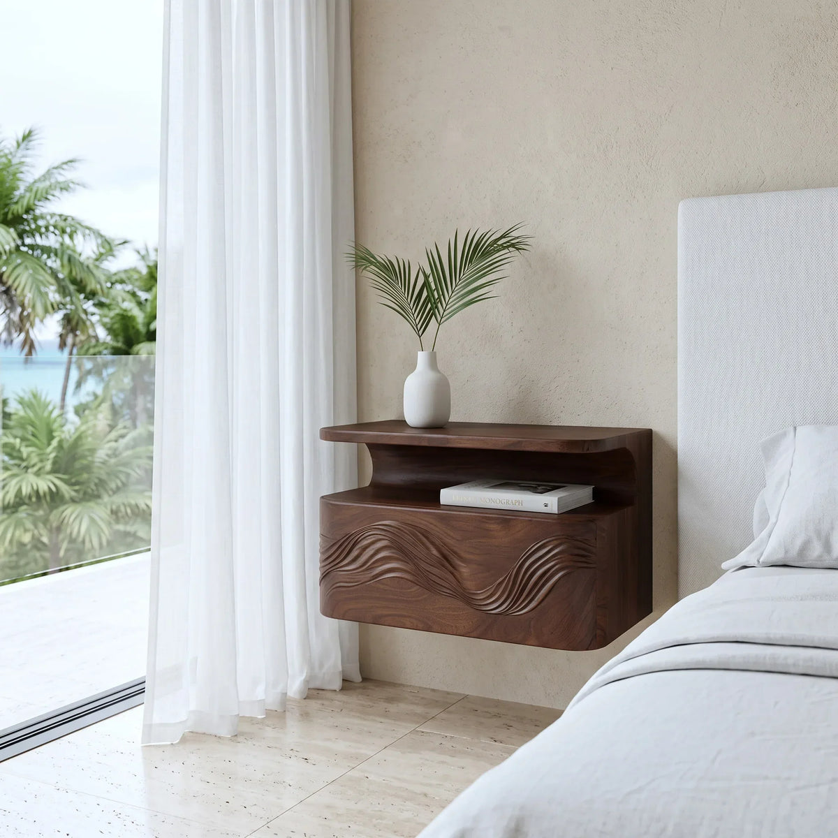 Organic Wave Carved Floating Nightstand For Bedroom
