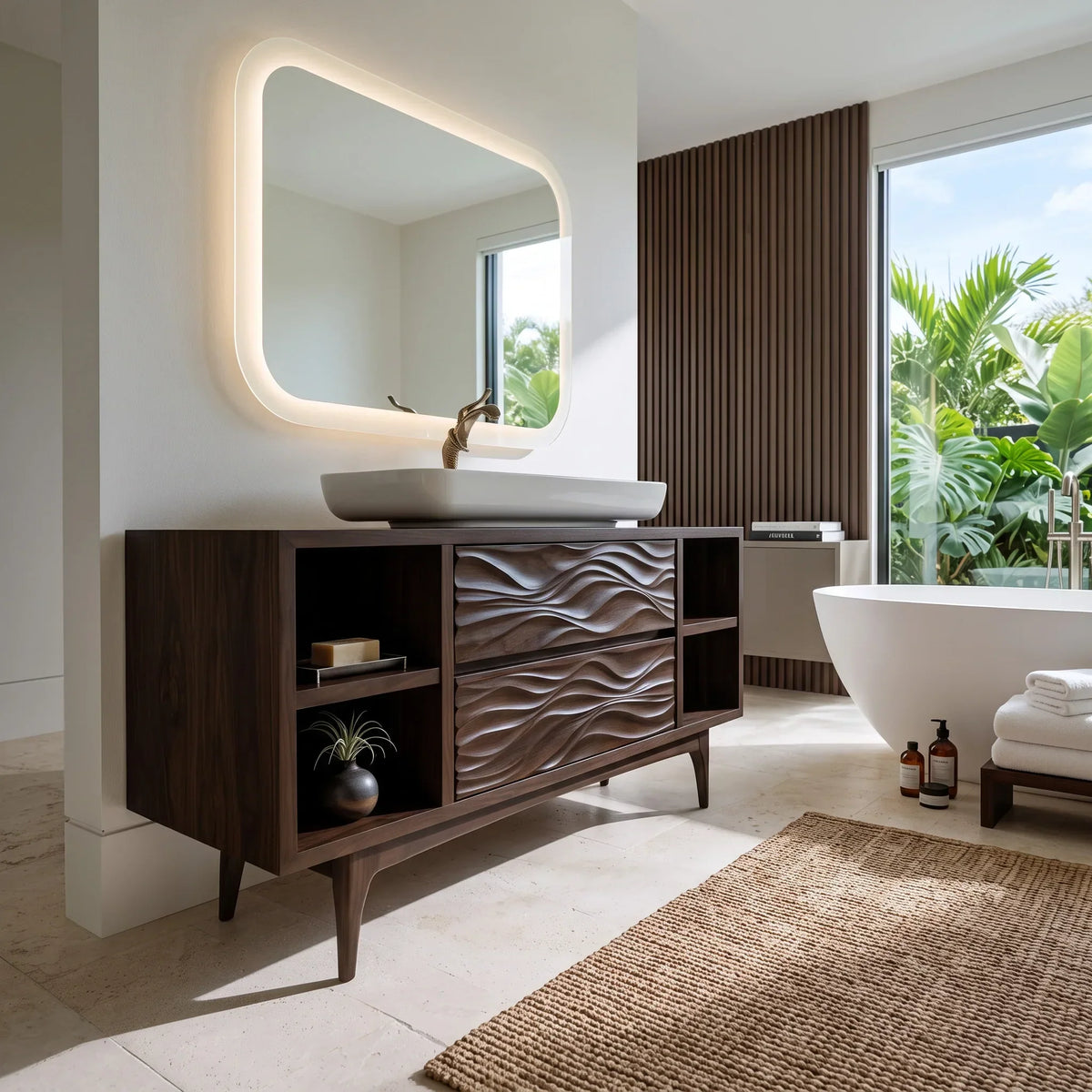 Modern Wave Carved Open Shelf Bathroom Vanity For Master Bathroom