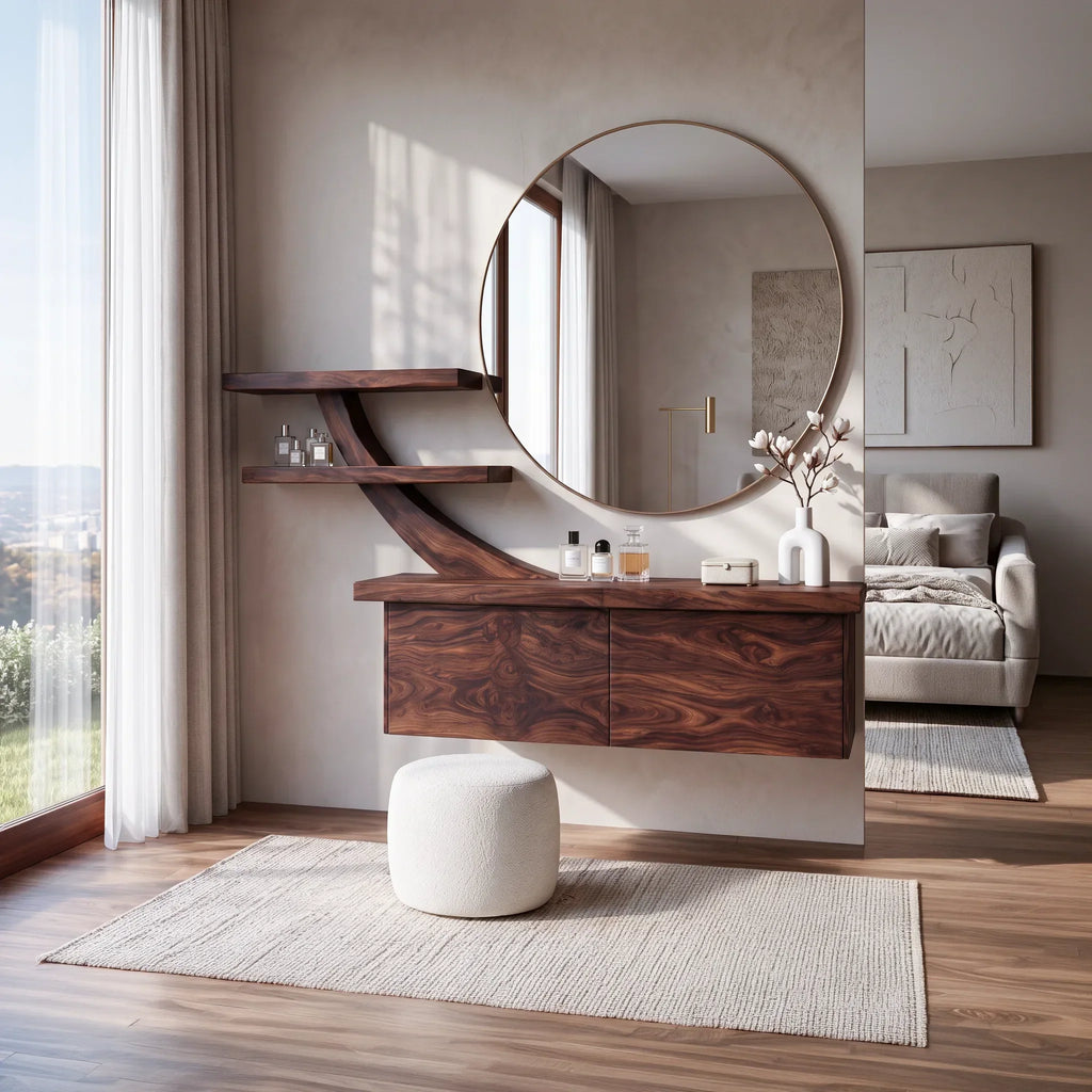 Contemporary Wall Mounted Dressing Table Sculptural Curved Shelving For Bedroom