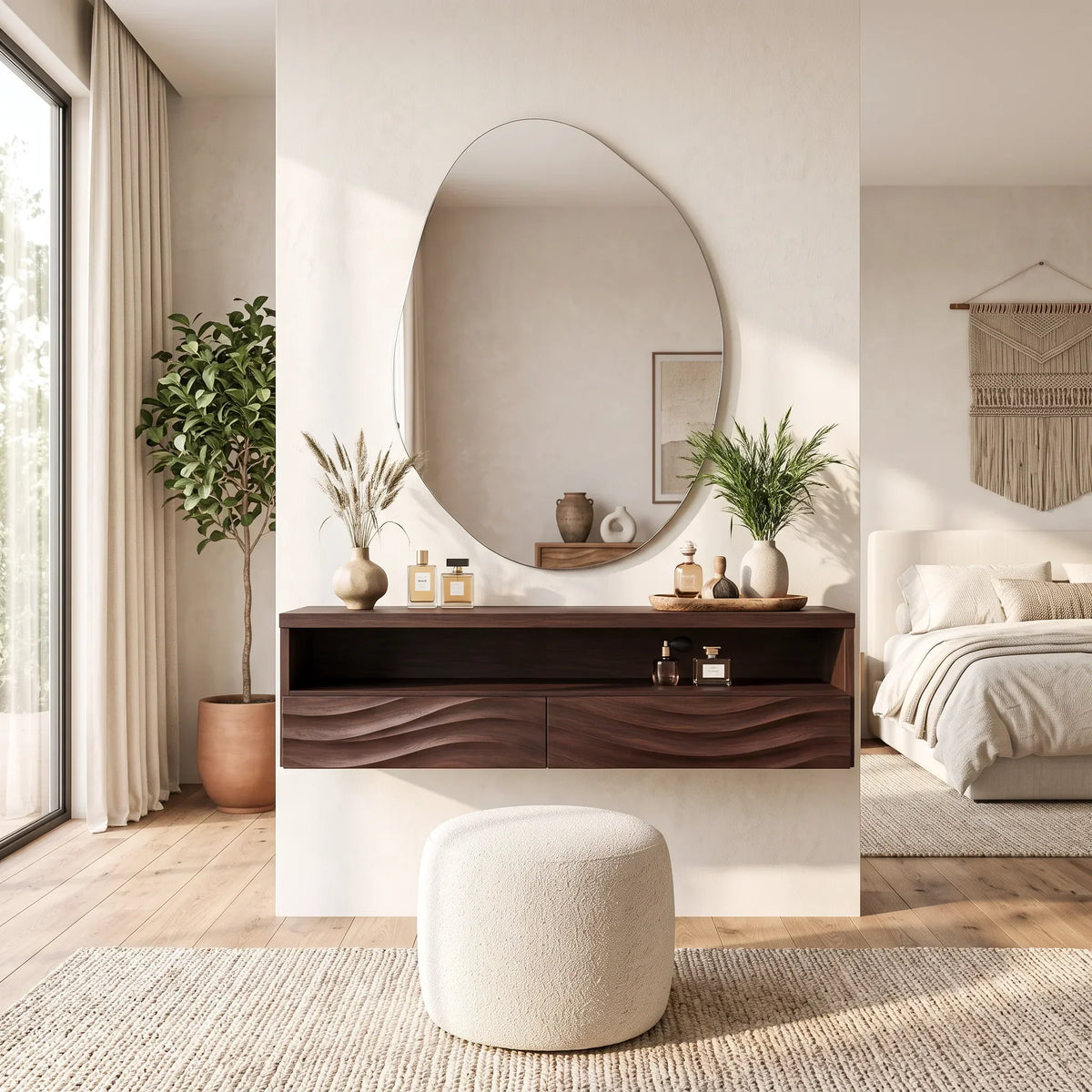 Contemporary Wall Mounted Dressing Table Flowing Relief Carved For Bedroom