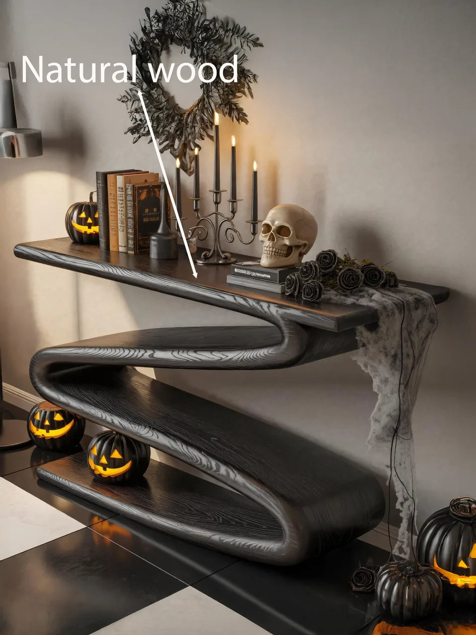 Modern Black Wooden Console Table Curved Design For Halloween Decor