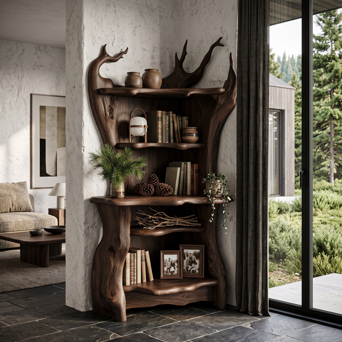 Rustic Corner Bookcase With Live Edge Shelves For Reading Nook