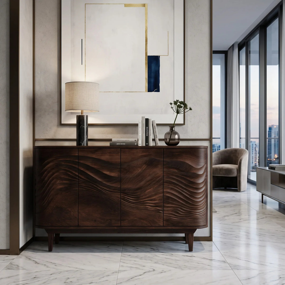 Modern Layered Wave Carved Sideboard For Living Room