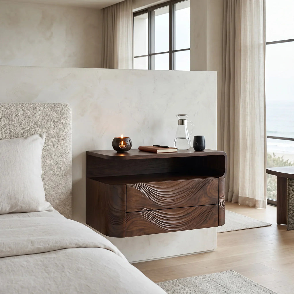 Contemporary Wave Carved Floating Nightstand For Bedroom