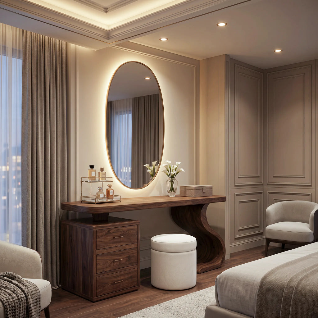 Sculptural Makeup Vanity S Curve Pedestal For Modern Bedroom