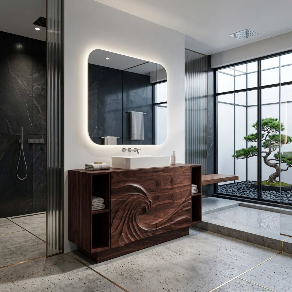 Modern Sculptural Wave Carved Bathroom Vanity For Master Bathroom