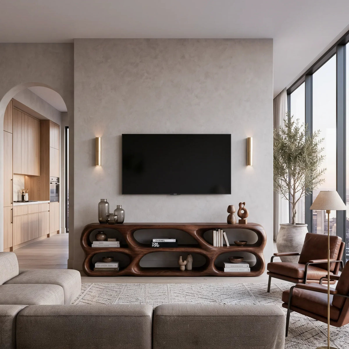 Sculptural TV Stand Rounded Open Shelves For Modern Living Room