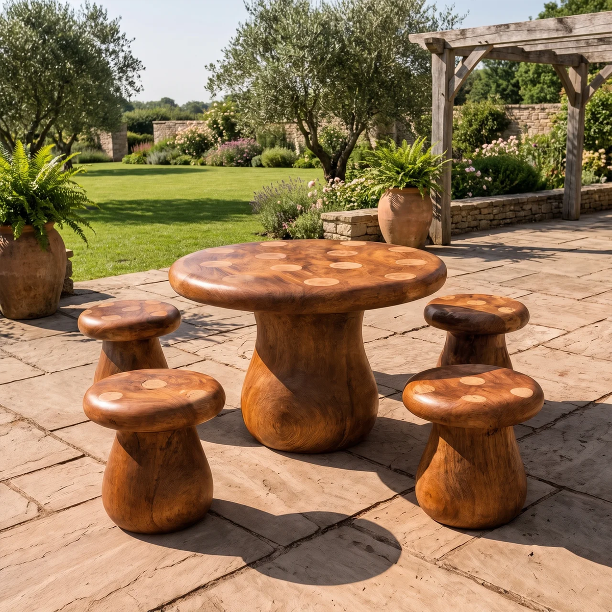 Rustic Round Dining Table With Tree Stump Design For Garden And Patio