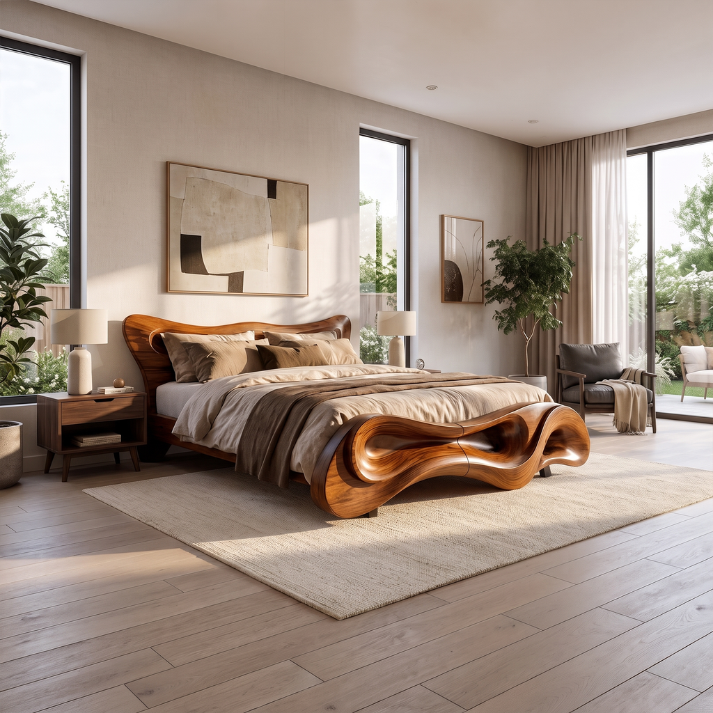 Modern Bed Frame With Wave Inspired Silhouette For Bedroom