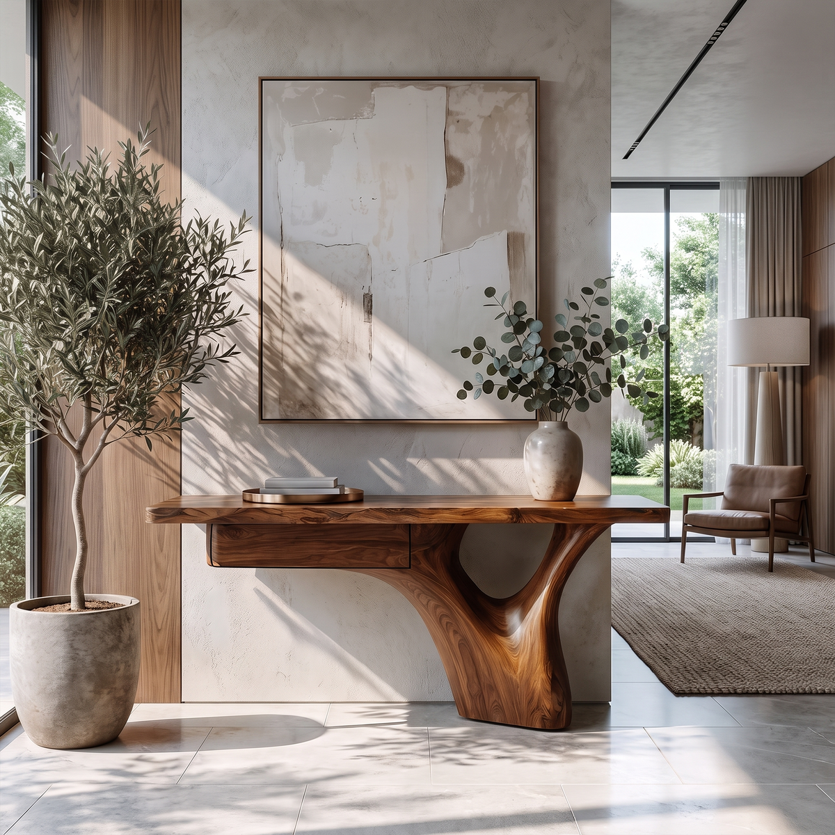 Organic Sculptural Console Table Tree Trunk Base Design For Living Room Entryway