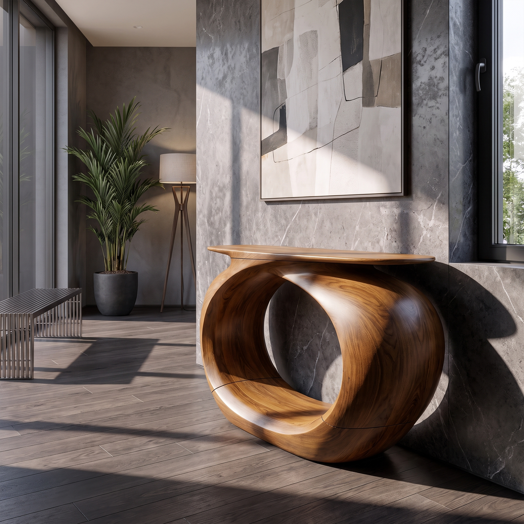 Rustic Sculptural Console Table Rounded Hollow Base For Entryway Foyer