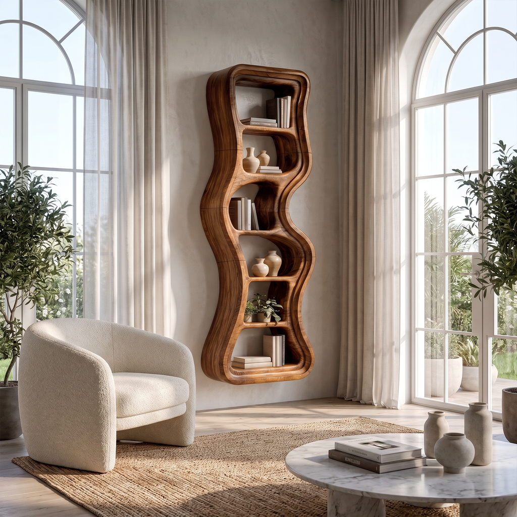 Modern Bookshelf Handcrafted Sculptural Design For Living Room