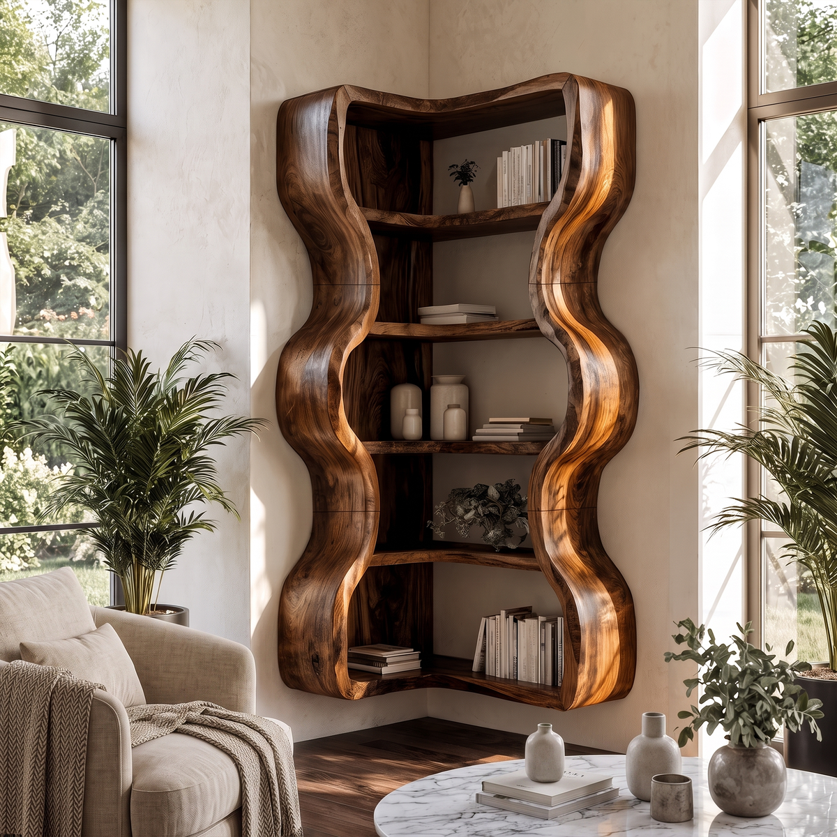 Statement Bookshelf Handcrafted Wavy Design For Living Room