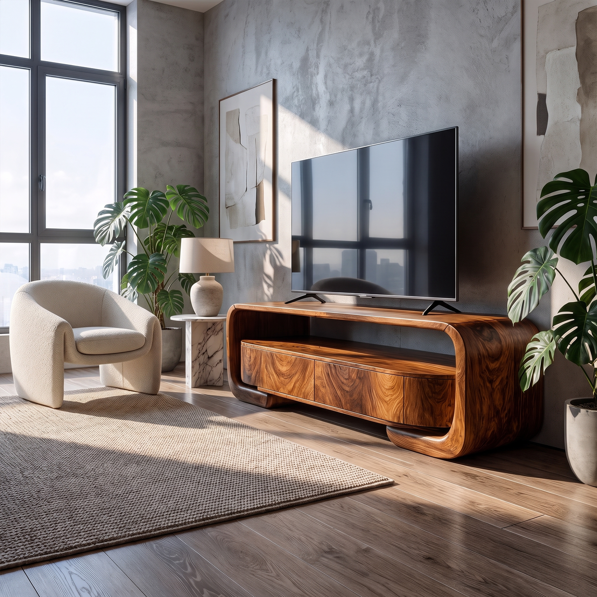 Organic Entertainment Center With Sculptural Live Edge Design For Living Room And Media Room