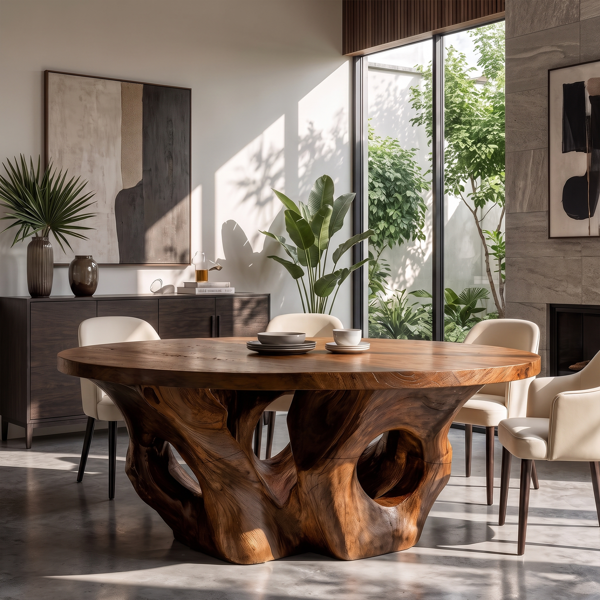 Modern Round Dining Table With Sculptural Open Form For Dining Room And Living Room