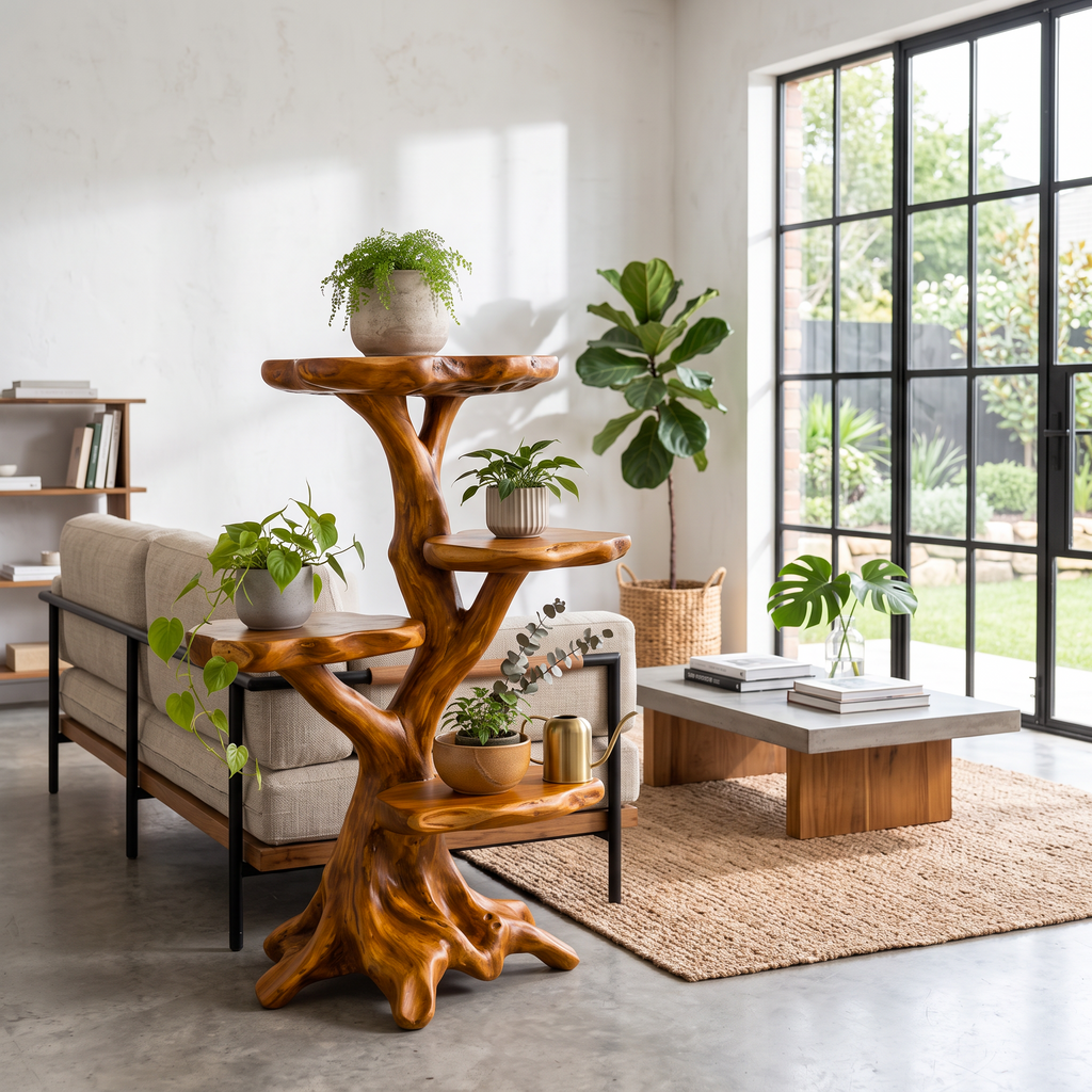 Organic Multi Tier Plant Stand With Sculptural Tree Design For Living Room And Sunroom