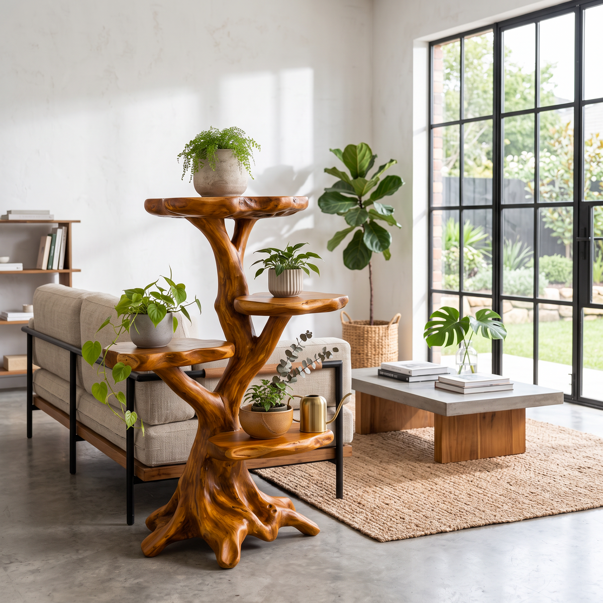 Organic Multi Tier Plant Stand With Sculptural Tree Design For Living Room And Sunroom