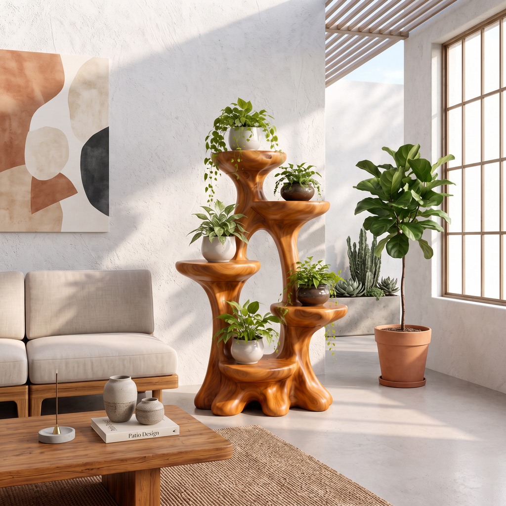 Organic Tree Plant Stand With Sculptural Tiered Design For Living Room And Sunroom