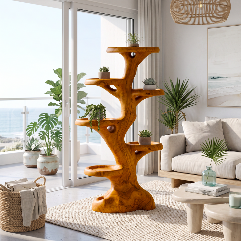 Rustic Multi Tier Plant Stand With Tree Stump Design For Patio And Sunroom