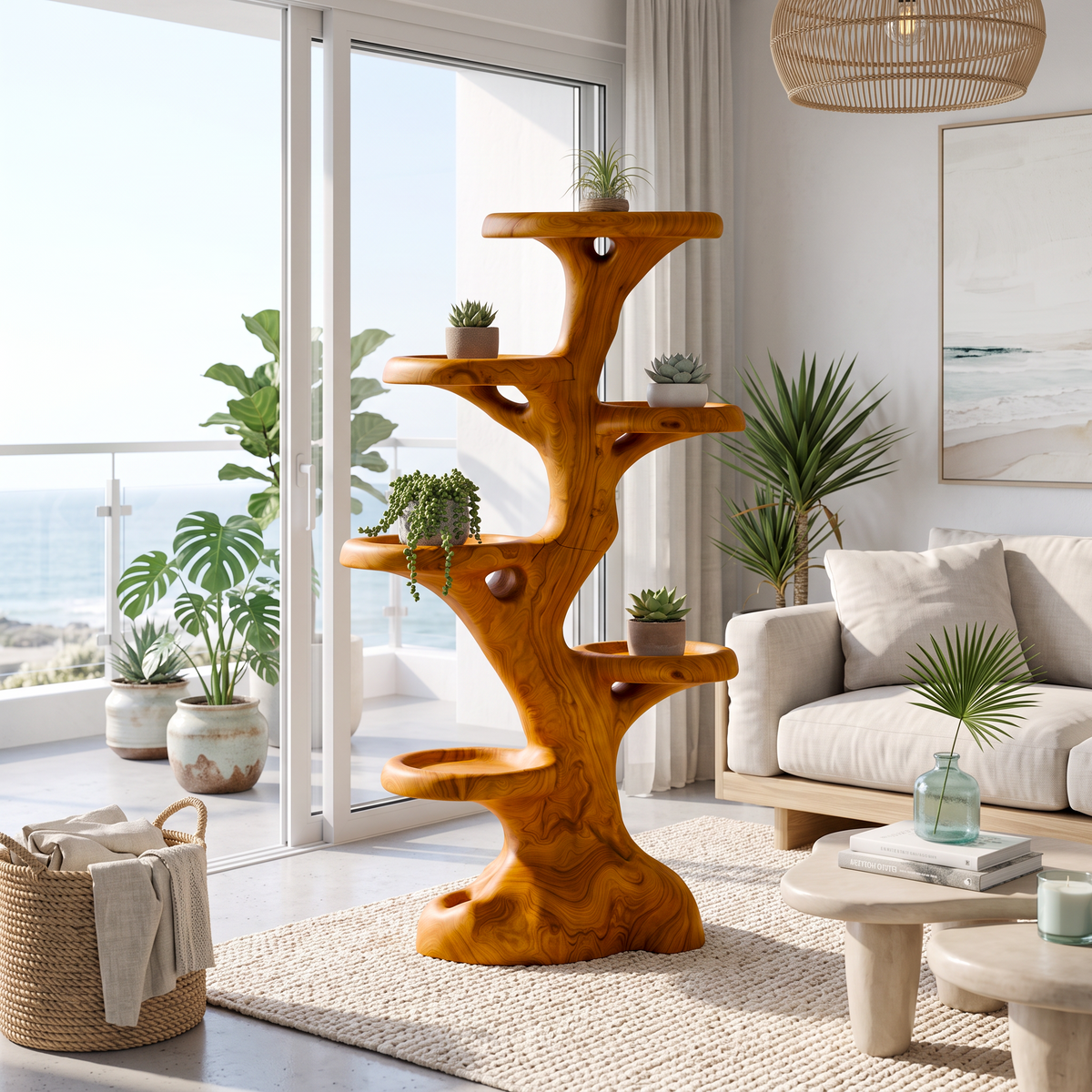 Rustic Multi Tier Plant Stand With Tree Stump Design For Patio And Sunroom