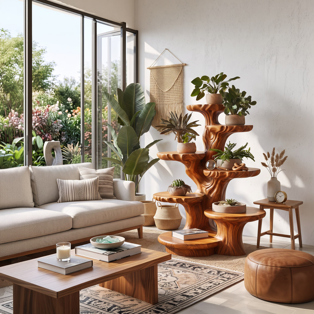 Organic Multi Tier Tree Plant Stand Solid Wood For Living Room