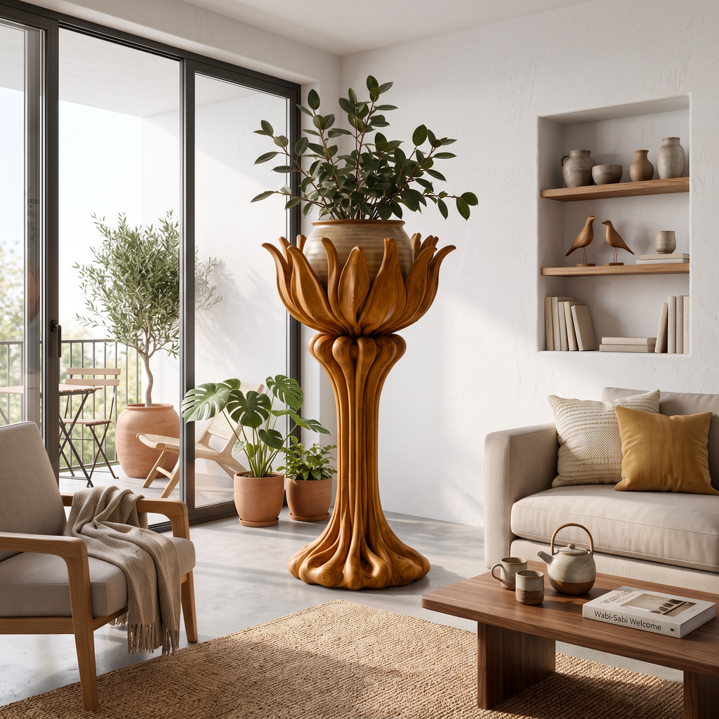 Rustic Plant Display Stand With Tree Trunk Design For Living Room And Patio