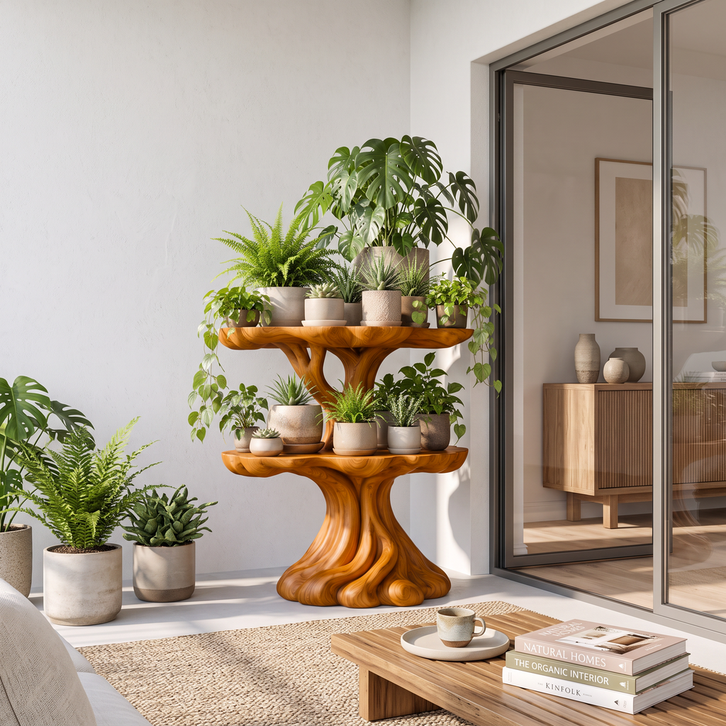 Contemporary Tiered Plant Shelf With Organic Branch Design For Living Room And Entryway