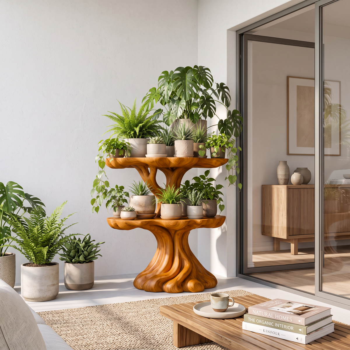 Contemporary Tiered Plant Shelf With Organic Branch Design For Living Room And Entryway