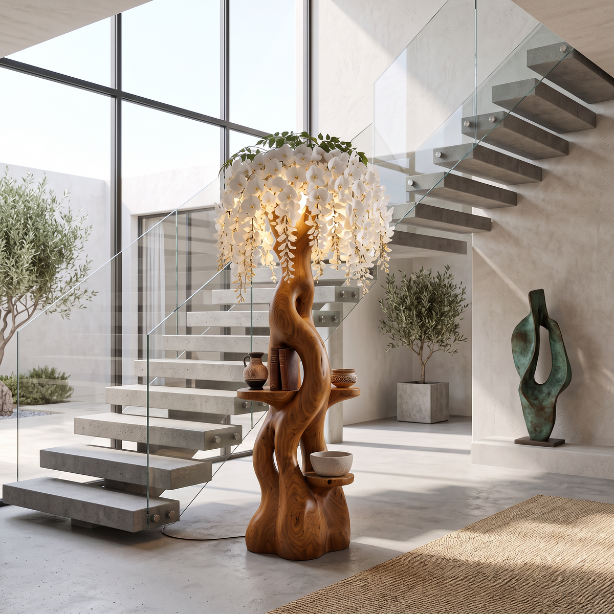 Rustic Wooden Floor Lamp With Sculptural Floral Canopy For Living Room