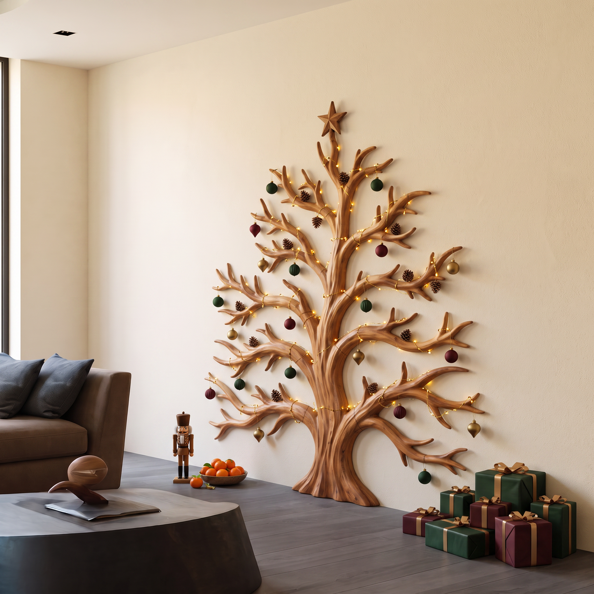 Rustic Christmas Wooden Wall Sculpture With Bare Branch Tree Design For Living Room