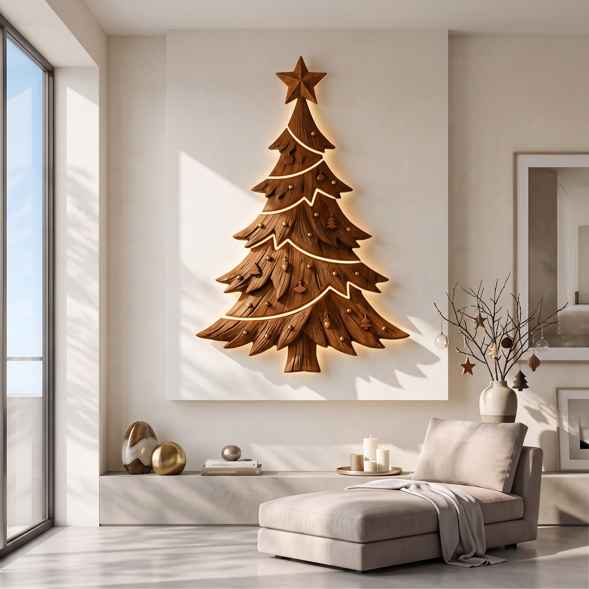 Contemporary Xmas Wall Sculpture With Evergreen Silhouette For Living Room