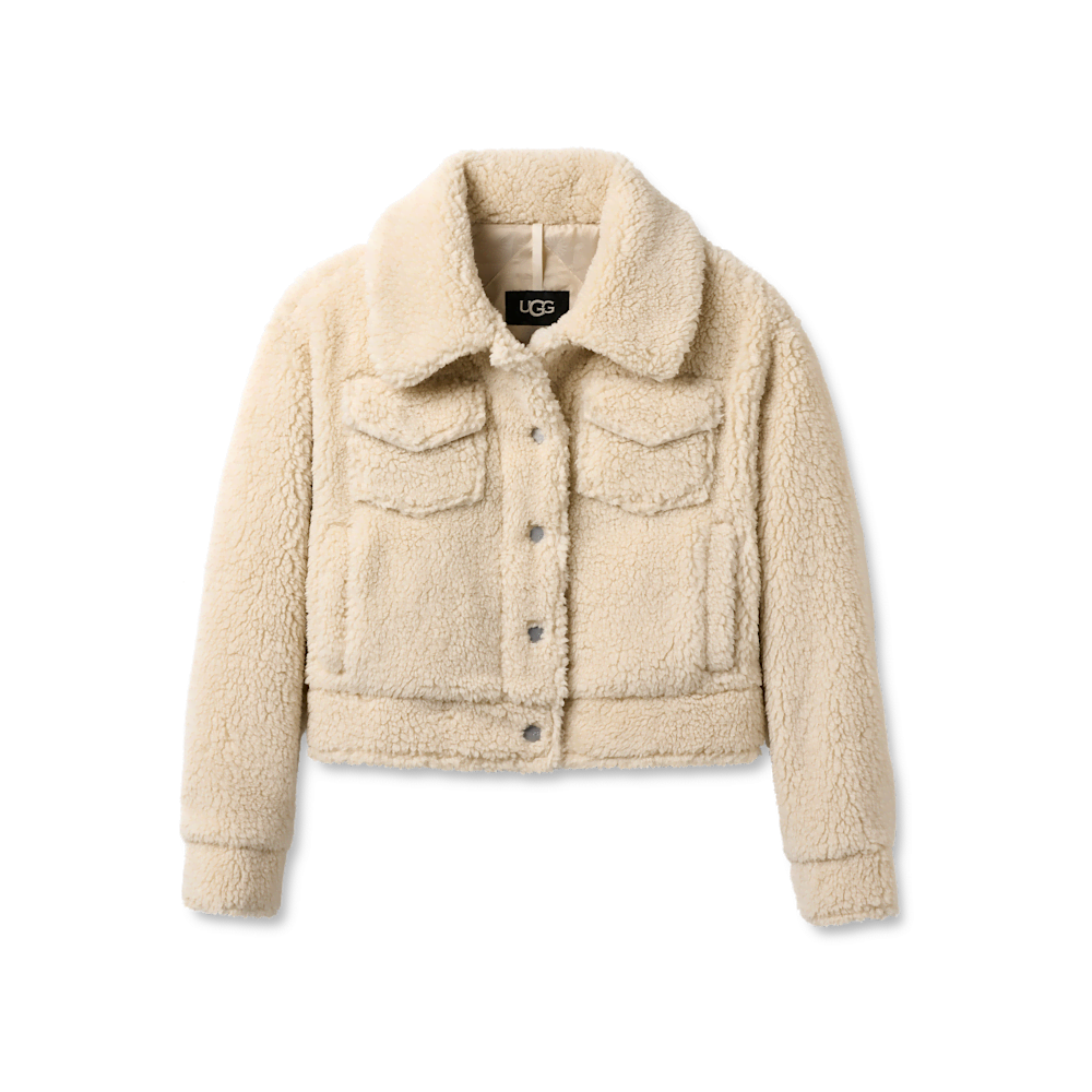 Women's Short Plush Fleece Trucker Jacket - Cobble Grey